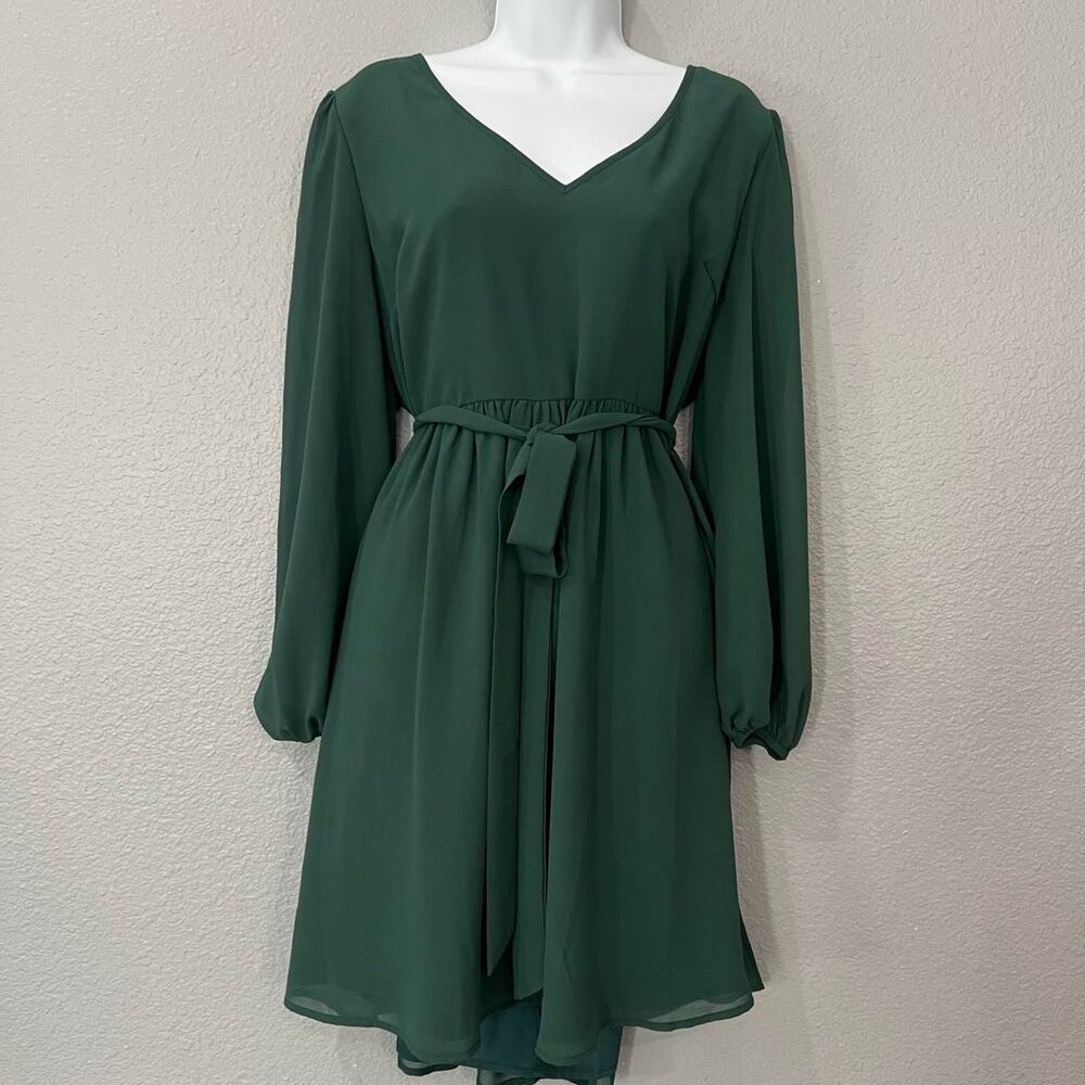 SHEIN Dark Green V-Neck Mini Dress Sheer Bishop Sleeves 1X